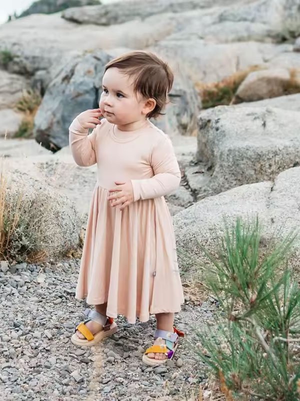 Spring Solid Color Long Sleeve Girls Dress - 图片 2
