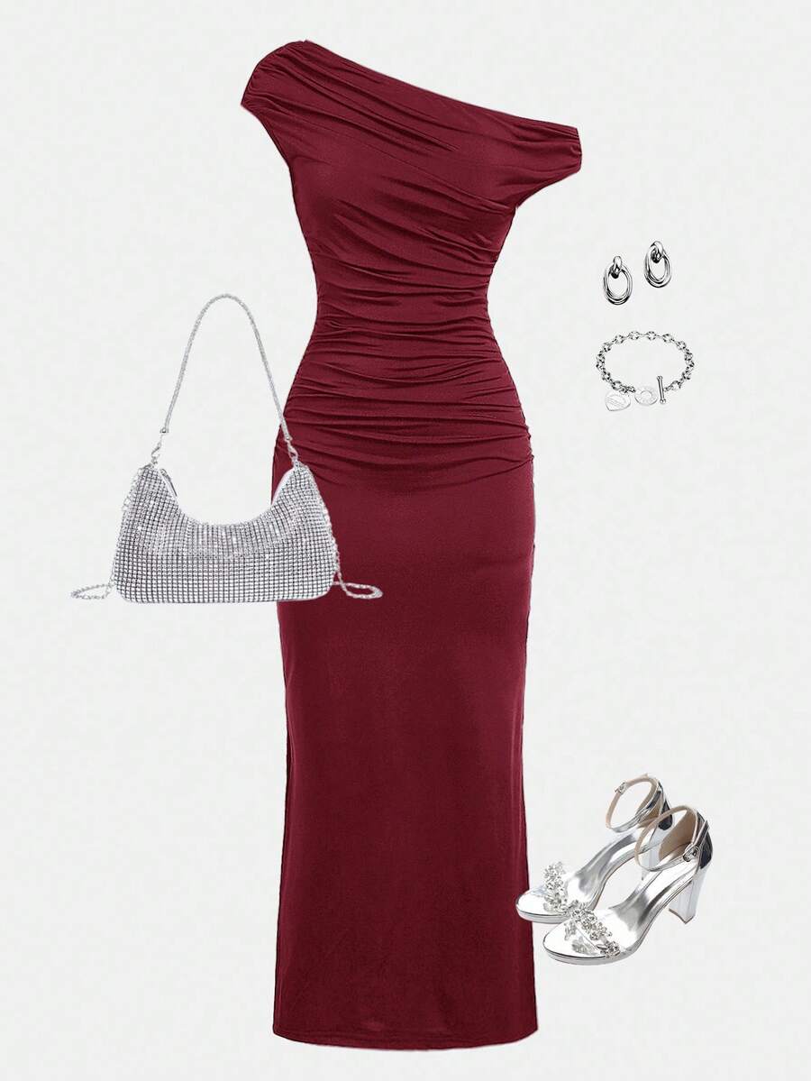 Girl's Elegant Burgundy Party Dress - Asymmetric Ruched Bodycon Maxi Dress - 图片 3