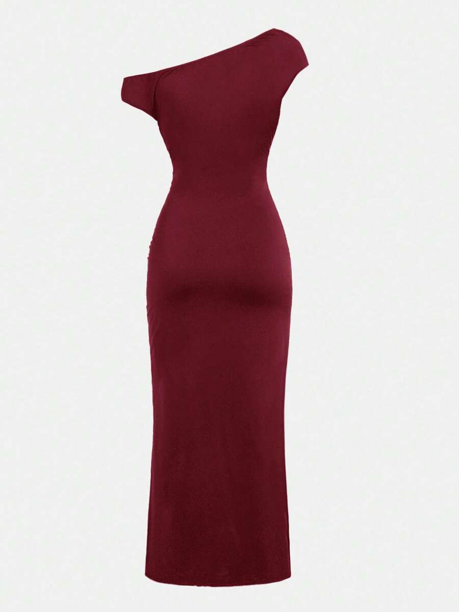 Girl's Elegant Burgundy Party Dress - Asymmetric Ruched Bodycon Maxi Dress - 图片 4
