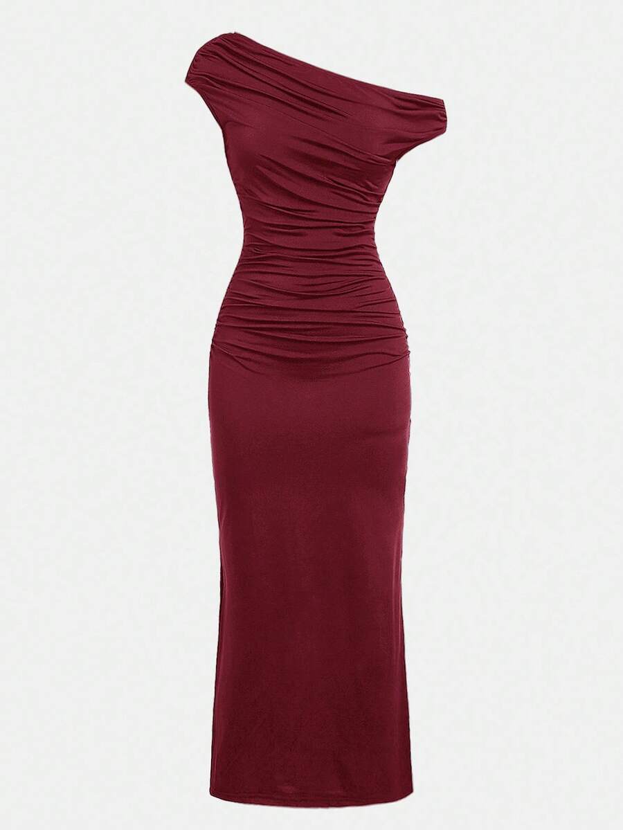 Girl's Elegant Burgundy Party Dress - Asymmetric Ruched Bodycon Maxi Dress - 图片 5