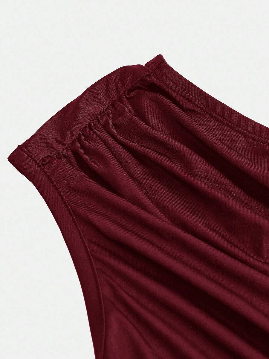 Girl's Elegant Burgundy Party Dress - Asymmetric Ruched Bodycon Maxi Dress - 图片 6