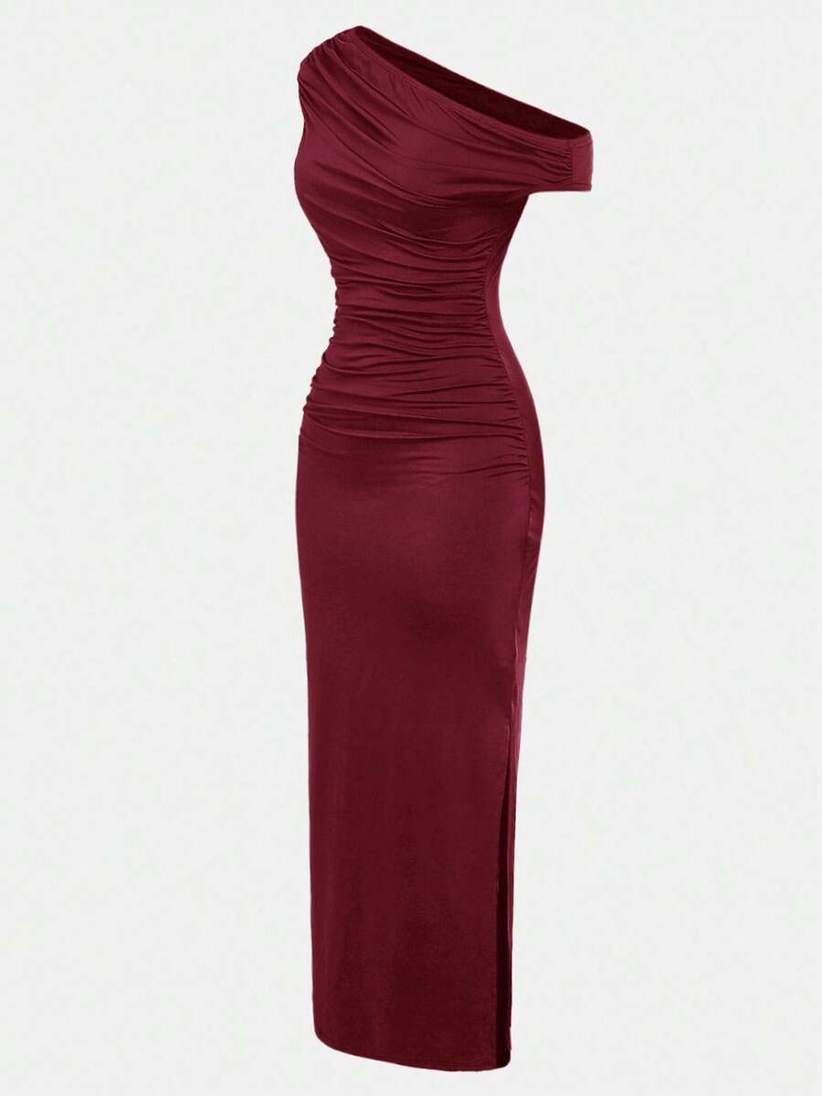 Girl's Elegant Burgundy Party Dress - Asymmetric Ruched Bodycon Maxi Dress - 图片 9